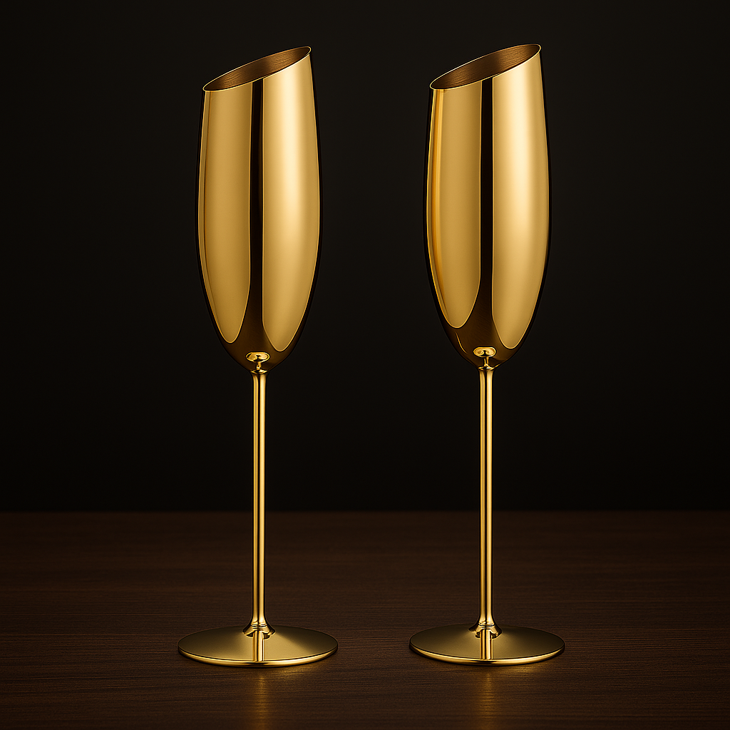 2 Steel Gold Champagne Glasses