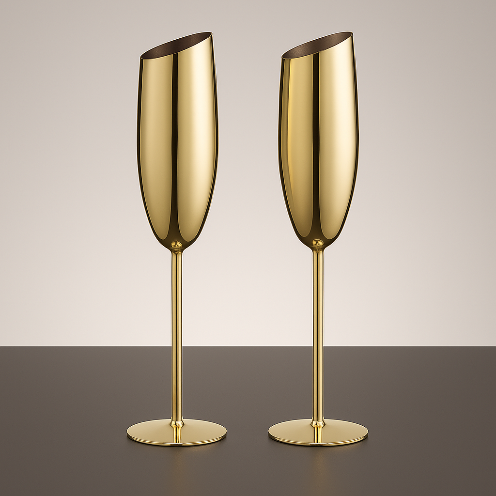 2 Steel Gold Champagne Glasses