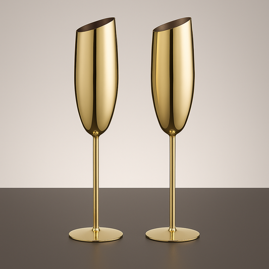 2 Steel Gold Champagne Glasses